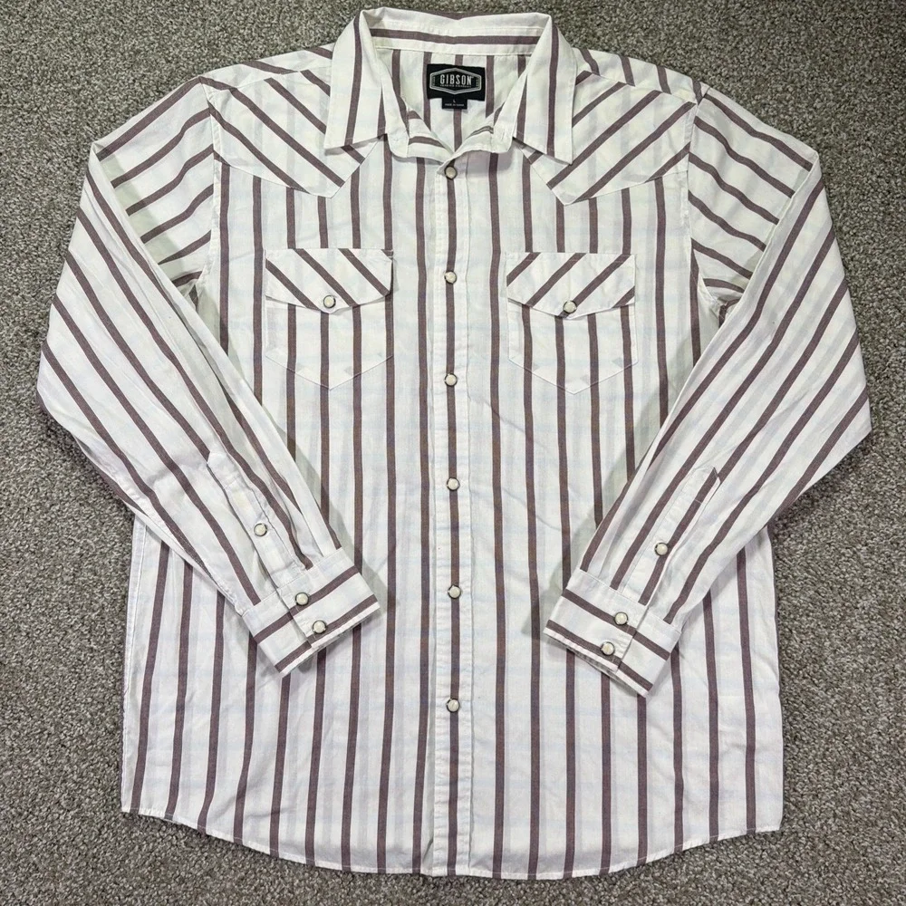 Western Striped Gibson Pearl Snap Shirt Size Large Classic White